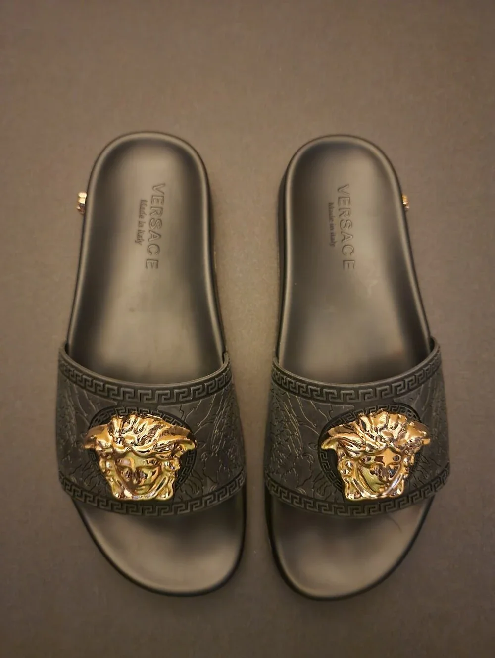 Versace Men’s Black Medusa Slide Sandals with Gold Emblem
